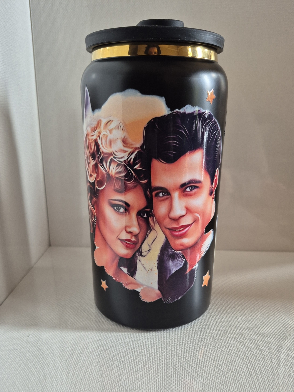 Grease Movie Black Gold Stainless Steel 16oz Can Beverage Tumbler Lid Straw